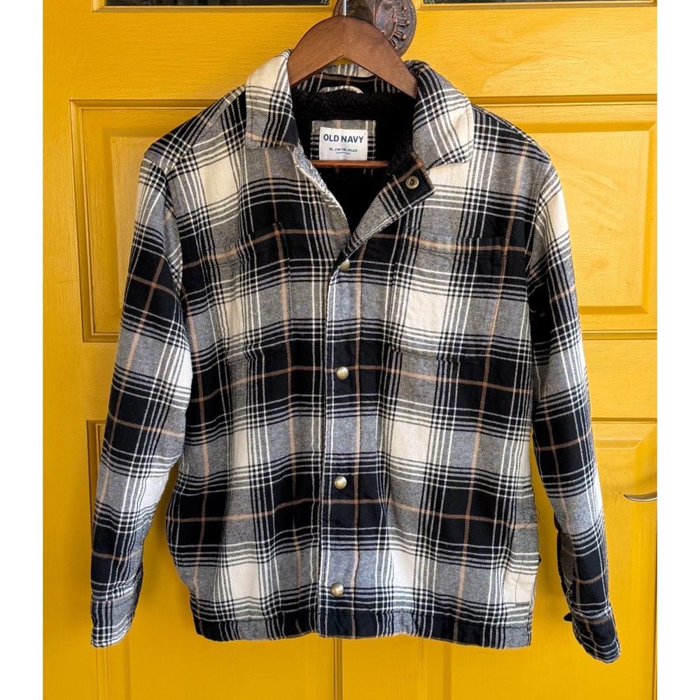 Old Navy‎ Sherpa-Lined Plaid Jacket Kids XL (14–16) Plus Black Flannel Shacket